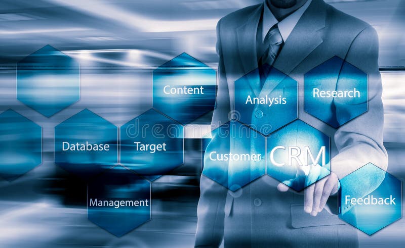 Business, technology, internet and customer relationship management concept. Businessman pressing crm button on virtual screens stock photography
