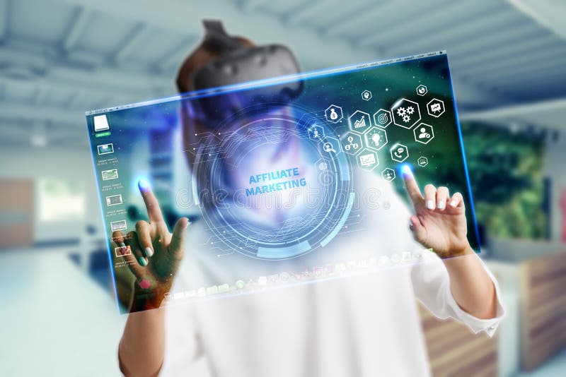 Business, Technology, Internet and network concept. Marketing content. Businessman presses a button Affiliate marketing on the stock photos Business, Technology, Internet and network concept. Marketing content. Businessman presses a button Affiliate marketing on the stock photos