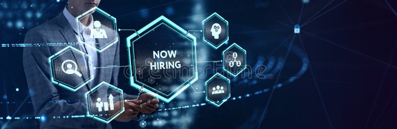 Business, Technology, Internet and network concept. NOW HIRING inscription, modern technology business concept stock photo