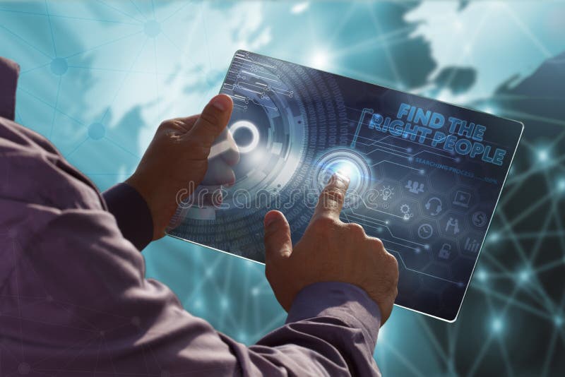 Business, Technology, Internet and network concept. Young business man working on the tablet of the future , select the virtual stock photo