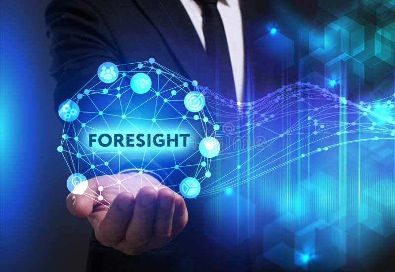 Business, Technology, Internet and network concept. Young businessman working on a virtual screen of the future and sees the inscription: Foresight