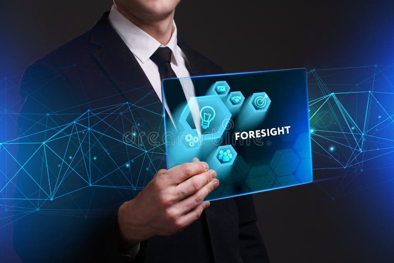 Business, Technology, Internet and network concept. Young businessman working on a virtual screen of the future and sees the inscription: Foresight