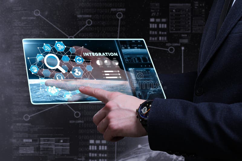 Business, Technology, Internet and network concept. Young business man writing word: integration stock photography