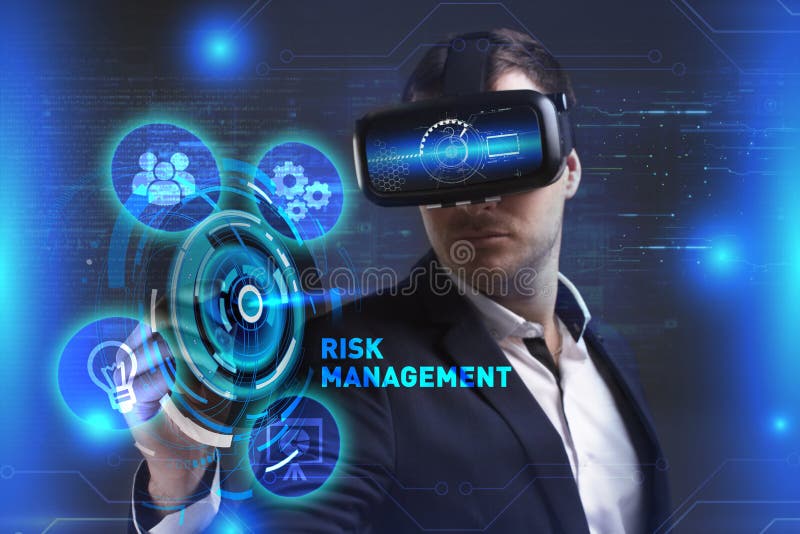 Business, Technology, Internet and network concept. Young businessman working in virtual reality glasses sees the inscription: