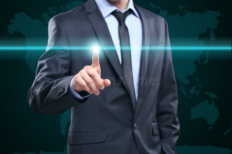 Business, technology, internet and networking concept - businessman pressing button with contact on virtual screens. World map