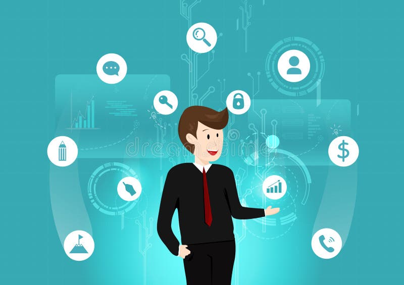 Business technology, man working digital futuristic, data, investment, sign and symbol information background vector illustration stock illustration Business technology, man working digital futuristic, data, investment, sign and symbol information background vector illustration stock illustration