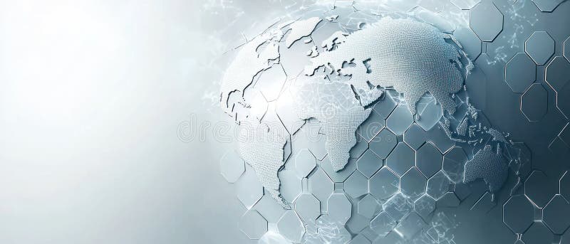 Business themed abstract background featuring globe silhouette with hexagonal patterns symbolizing global connectivity stock images