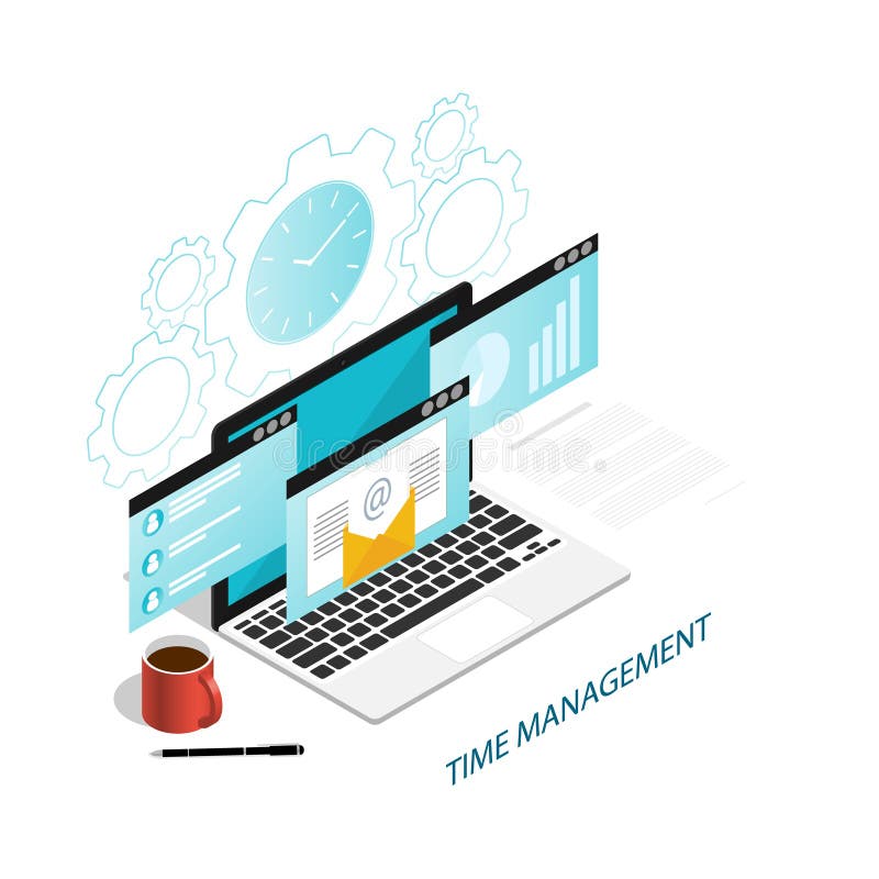 Isometric time management working computer flat vector vector illustration