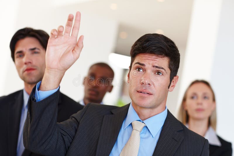 Business, training and man with question in seminar from audience or confused by presentation. Faq, why and businessman stock photography