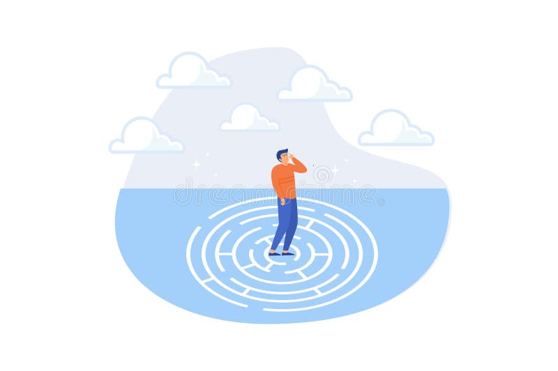 Business trouble, difficulty or challenge, solving hard or complex problem, finding solution, lost or struggle, finding way out vector illustration