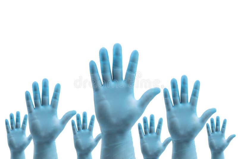 Hands in medical blue latex protective gloves on white background