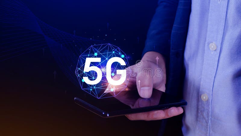 Business using smartphone with holographic 5G network concept, digital globe with interconnected 5G symbols, 5G technology in stock photography