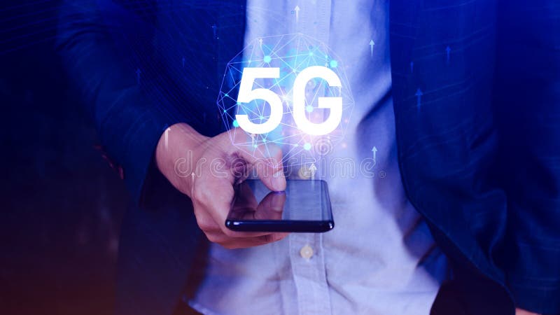 Business using smartphone with holographic 5G network concept, digital globe with interconnected 5G symbols, 5G technology in stock photos