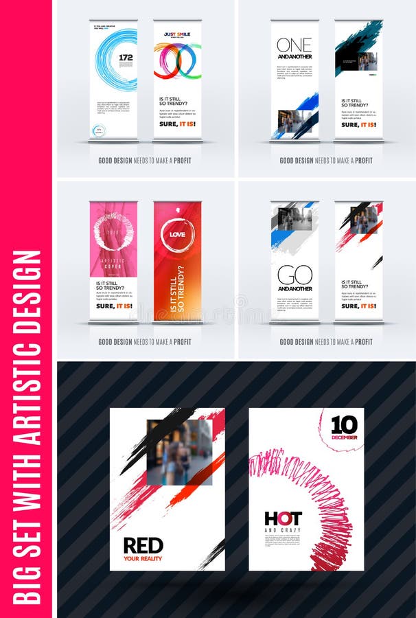 Business Vector Set Of Modern Roll Up Banner Stand Design With Colourful Artistic Stroke Stock Vector Illustration Of Advertisement Advertising