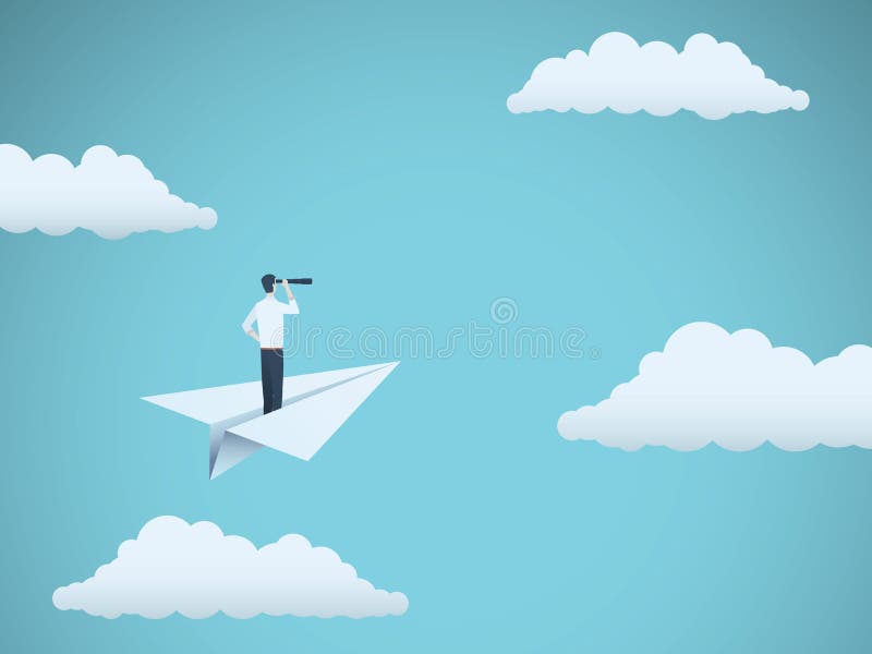 Business vision vector concept with businessman and telescope on paper plane. Symbol of business leadership, future