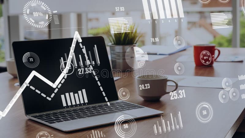 Business visual data analysis technology by creative computer software vector illustration