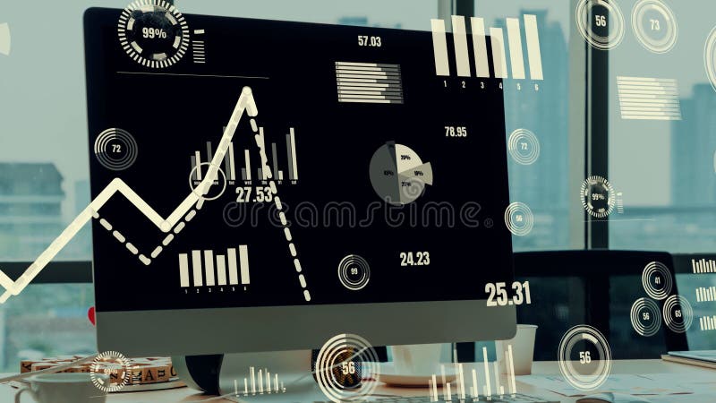 Business visual data analysis technology by creative computer software vector illustration