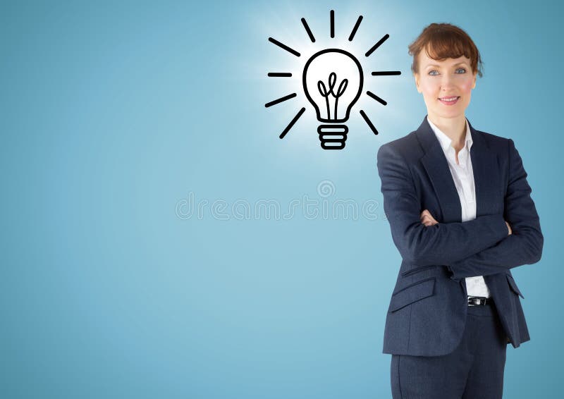 Business woman arms folded with lightbulb doodle and flare against blue background stock photos Business woman arms folded with lightbulb doodle and flare against blue background stock photos