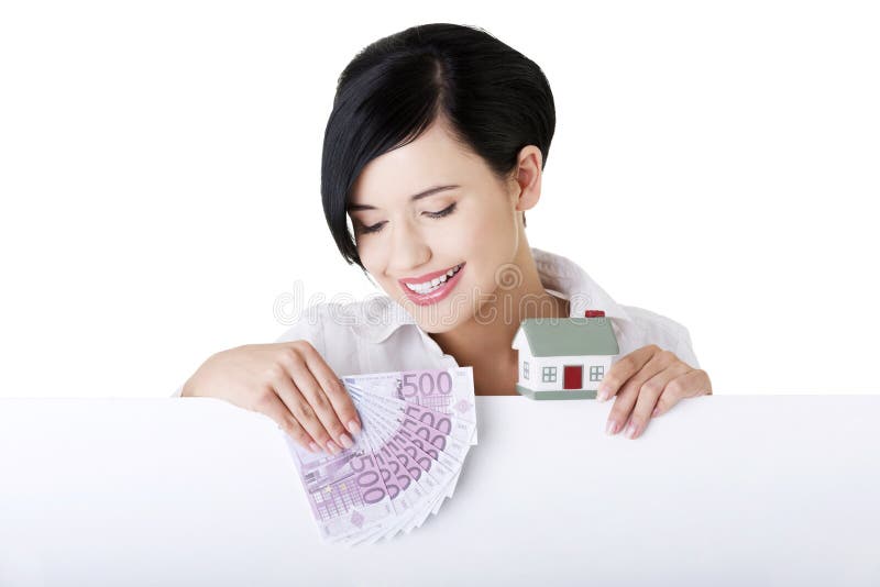 Business woman with blank sign board royalty free stock image