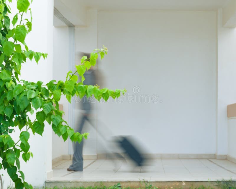 Business woman in business trip with wheel bag