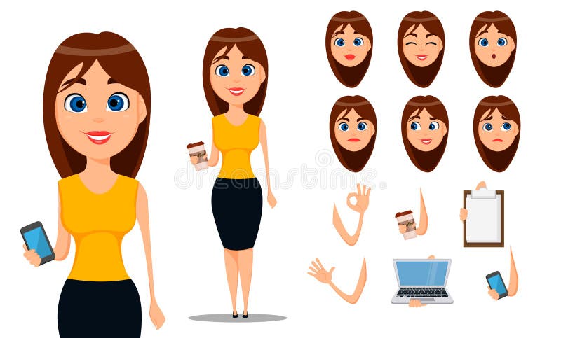 Business woman cartoon character creation set. Young attractive businesswoman in smart casual clothes.
