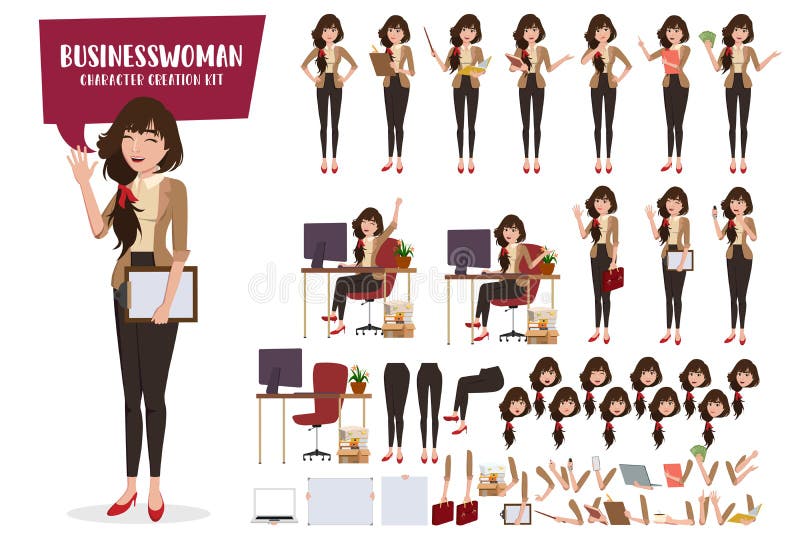 Business woman character creation vector set. Businesswoman female characters editable create face and body parts movement.
