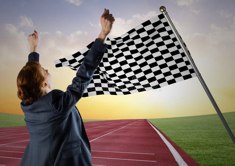 Business woman cheering on track against checkered flag and evening sky stock photo Business woman cheering on track against checkered flag and evening sky stock photo