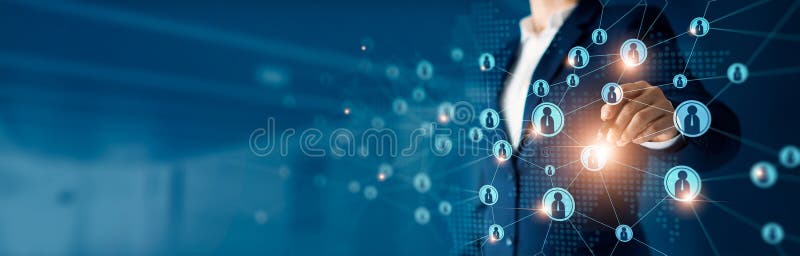 Business woman drawing global structure networking and data exchanges customer connection, Customer relationship management royalty free stock photos