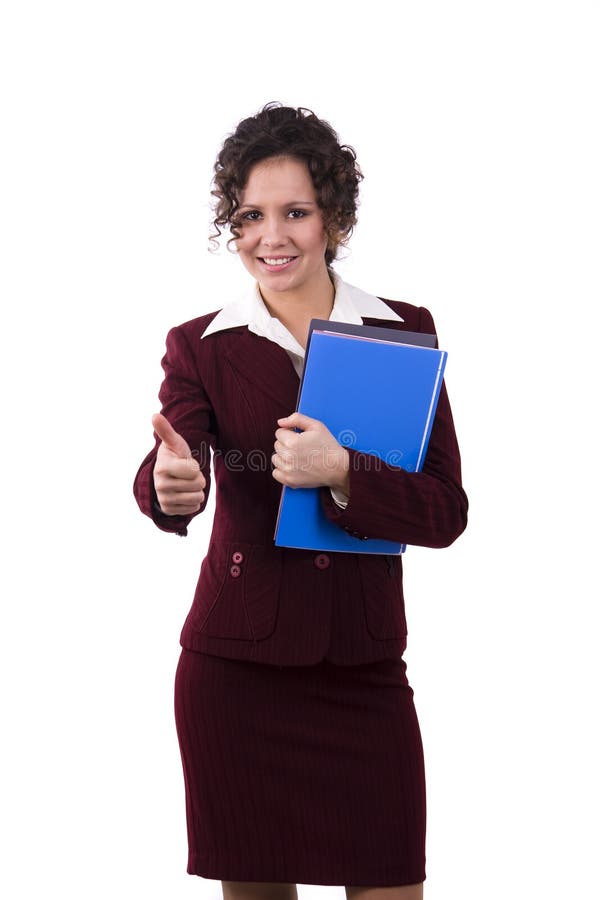 Business woman with files shows OK