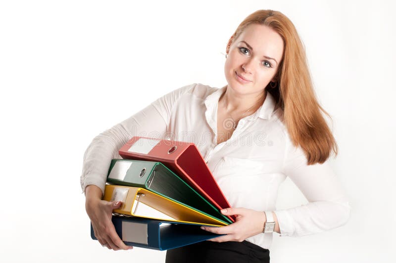 Business woman with folders on light background