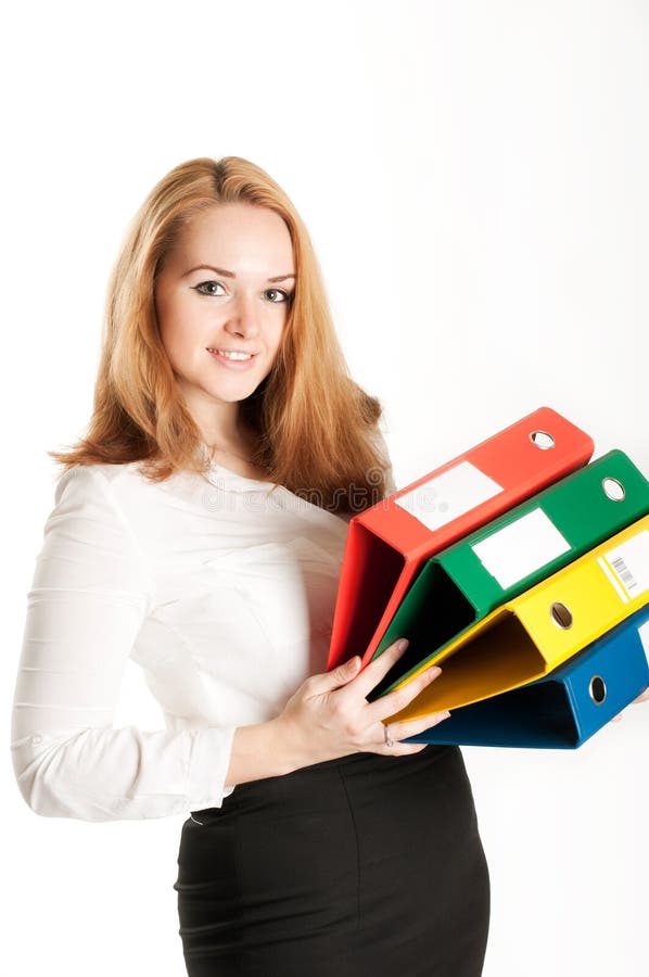 Business woman with folders on light background