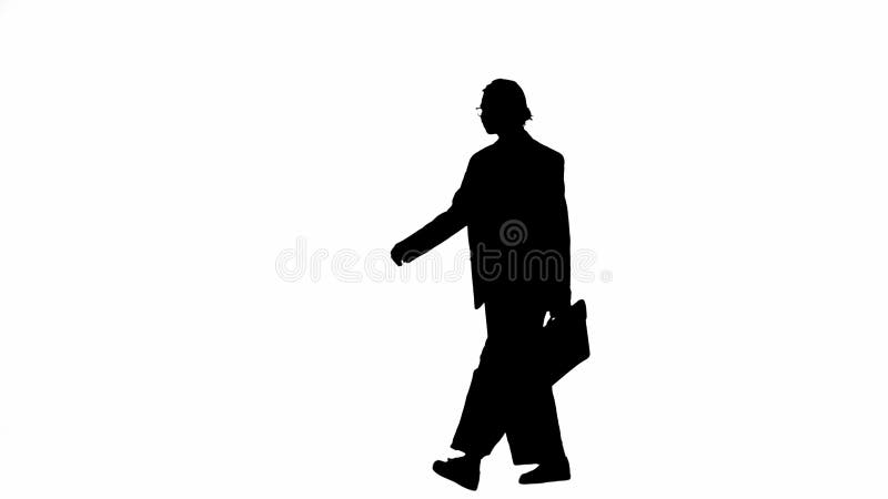 Business woman in formal outfit walking with briefcase. Half-turn. Black silhouette on a white isolated background.
