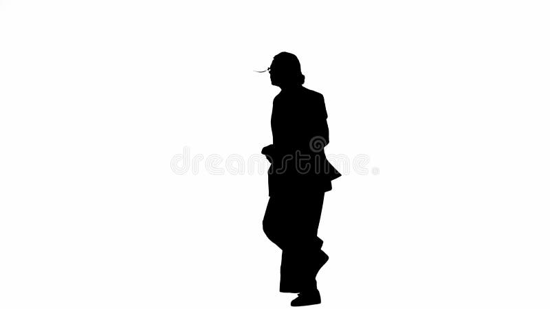 Business woman in formal outfit walking and dancing. Half-turn. Black silhouette on a white isolated background.