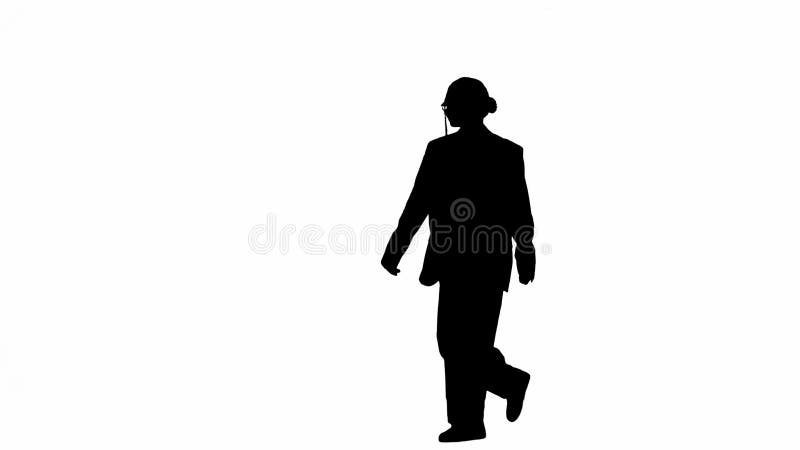 Business woman in formal outfit walking and dancing. Half-turn. Black silhouette on a white isolated background.