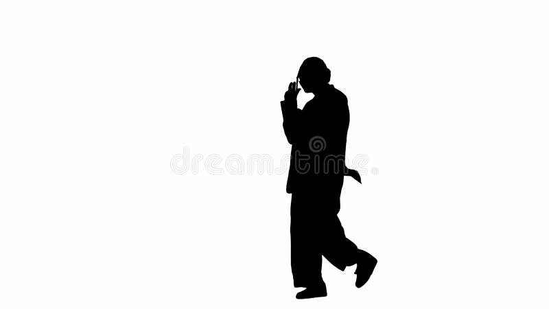 Business woman in formal outfit walking and dancing. Half-turn. Black silhouette on a white isolated background.