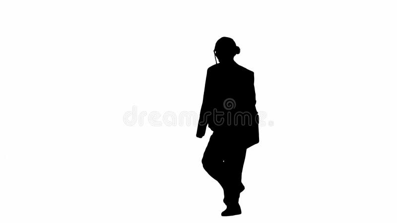 Business woman in formal outfit walking and dancing. Half-turn. Black silhouette on a white isolated background.