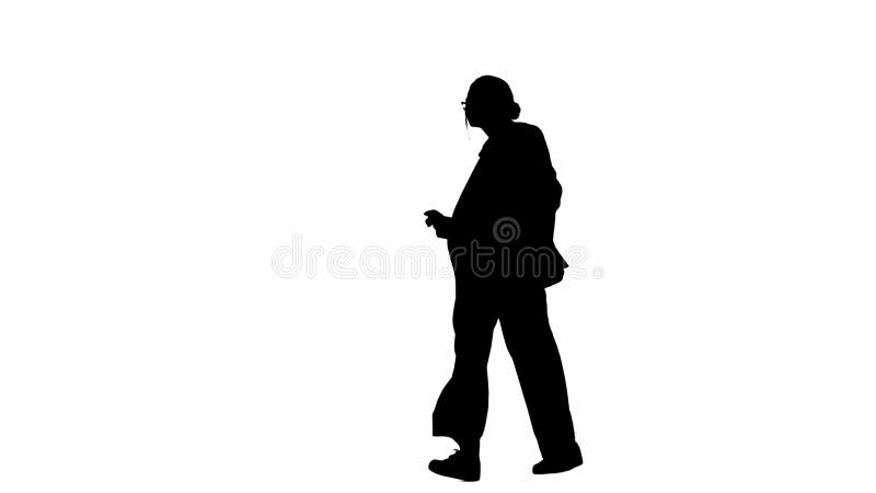 Business woman in formal outfit walking and dancing. Half-turn. Black silhouette on a white isolated background.