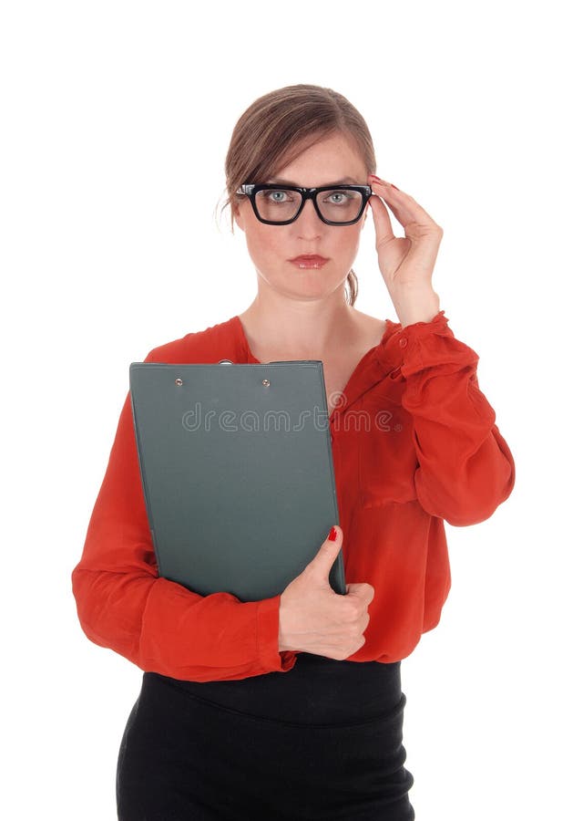 Business woman with glasses holding folder