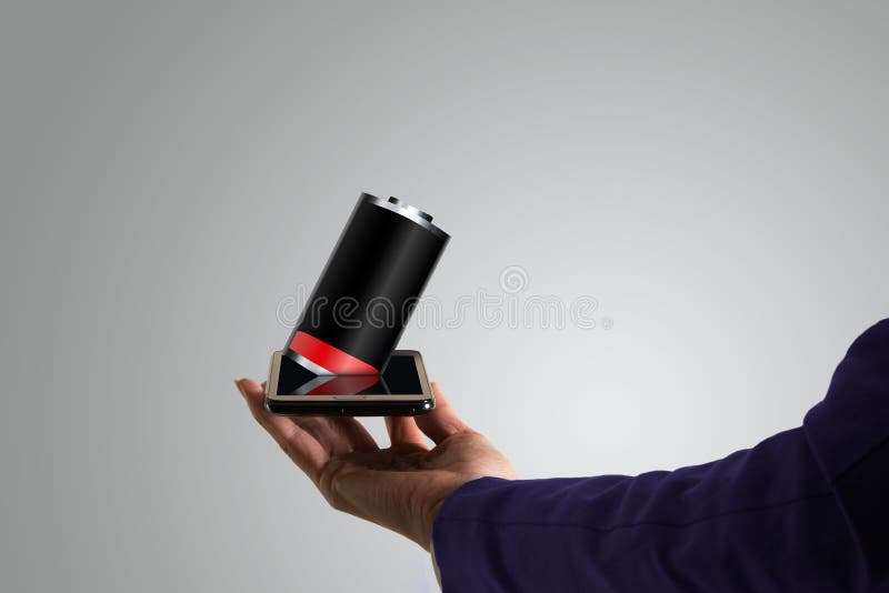 Business woman, hand holding a touch phone, with low battery out