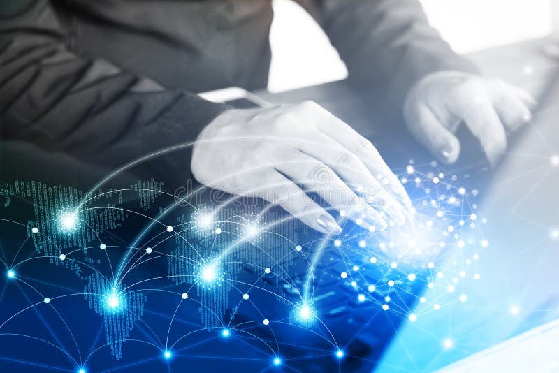 Business woman hand typing on computer laptop with abstract technology global and digital world map background. Global network connection map stock images, royalty-free photos and pictures
