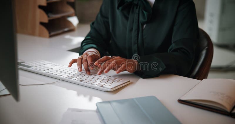 Business woman, hands and typing on computer in office for news publication, article editing and research process. Closeup, journalist and technology for writing story, proofreading blog and feedback. Computer editing stock images, royalty-free photos and pictures