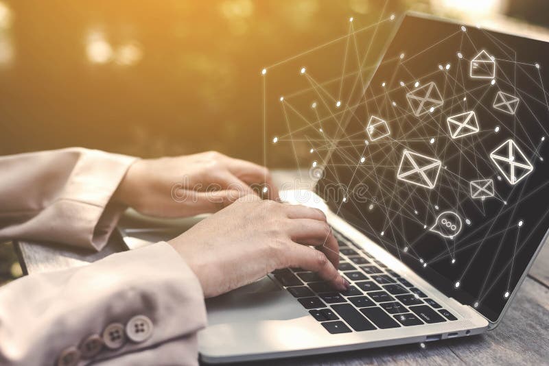 Business woman hands using laptop, computer with email icon. Business people freelance, new generation working outside office.