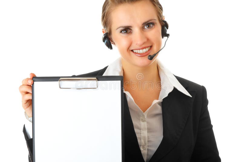 Business woman with headset and blank clipboard