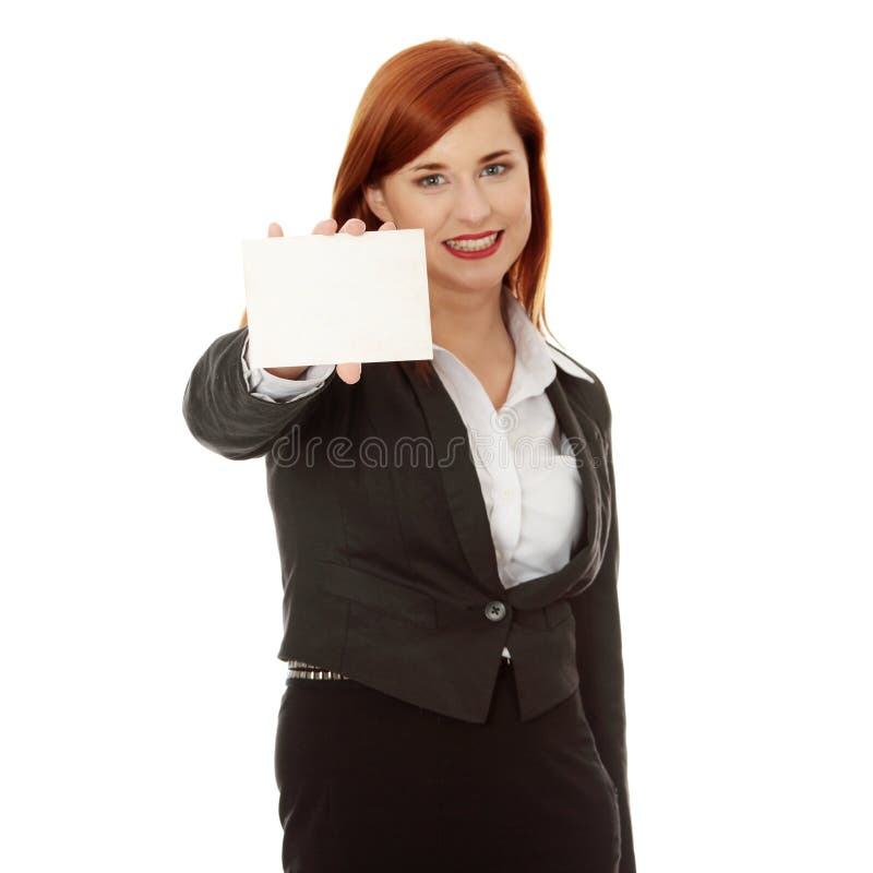 Business woman holding a blank card stock photo