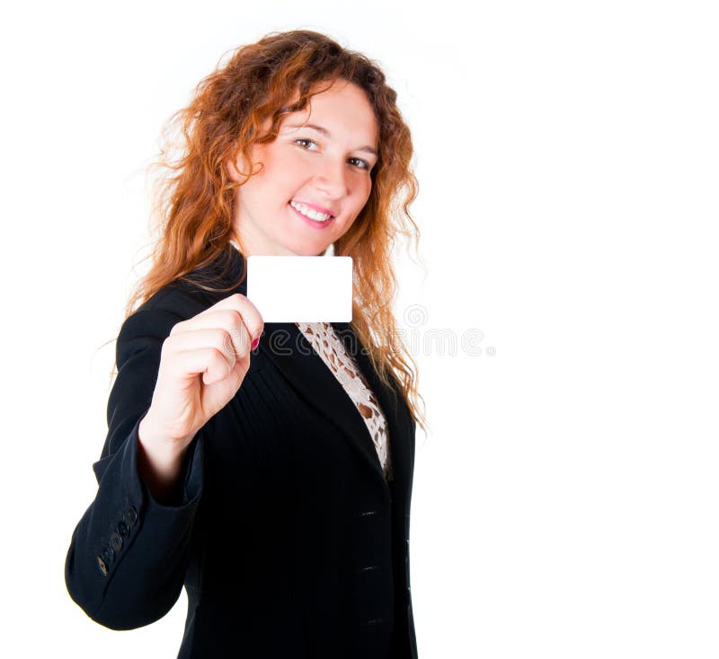 Business woman holding a blank card