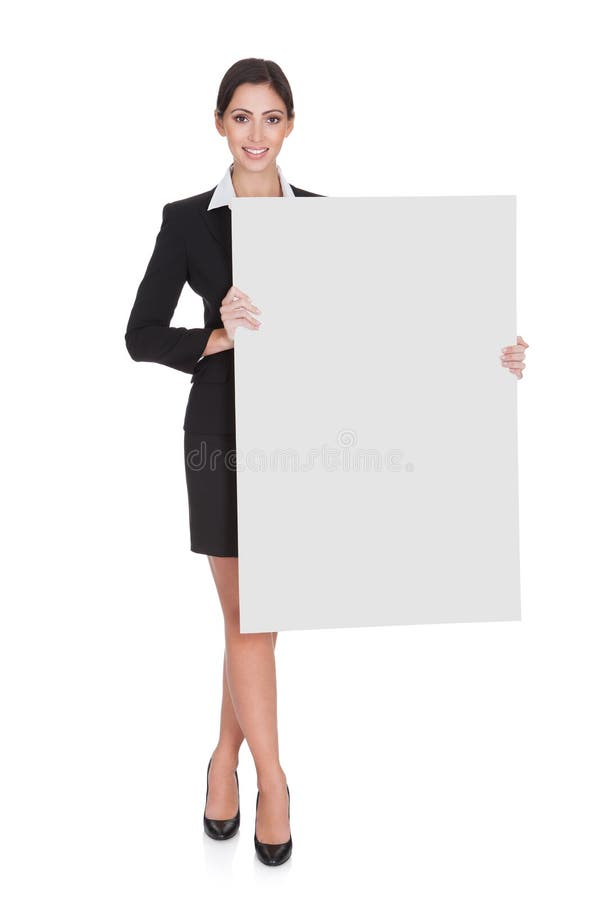 Business woman holding blank placard