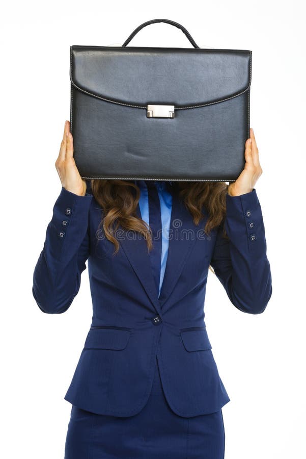 Business Woman Holding Briefcase In Front Of Face Stock Photo Image