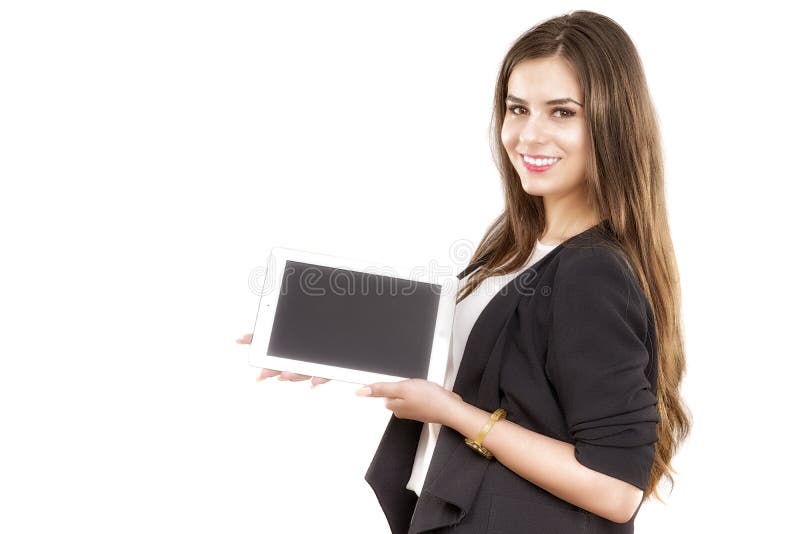Business woman holding tablet computer royalty free stock photo