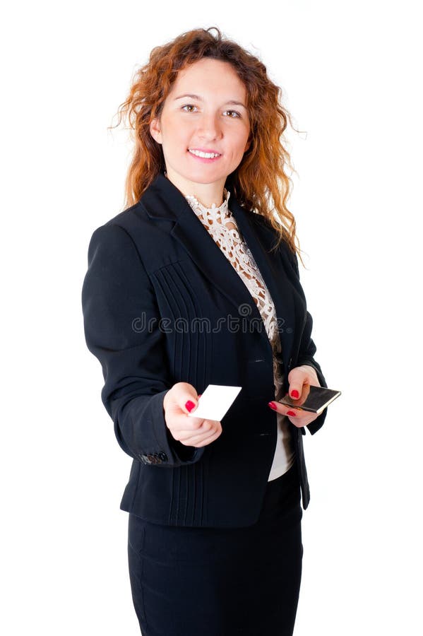 Business woman holds out her calling card