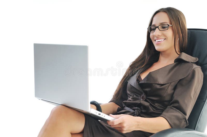 Business woman with laptop isolated on white